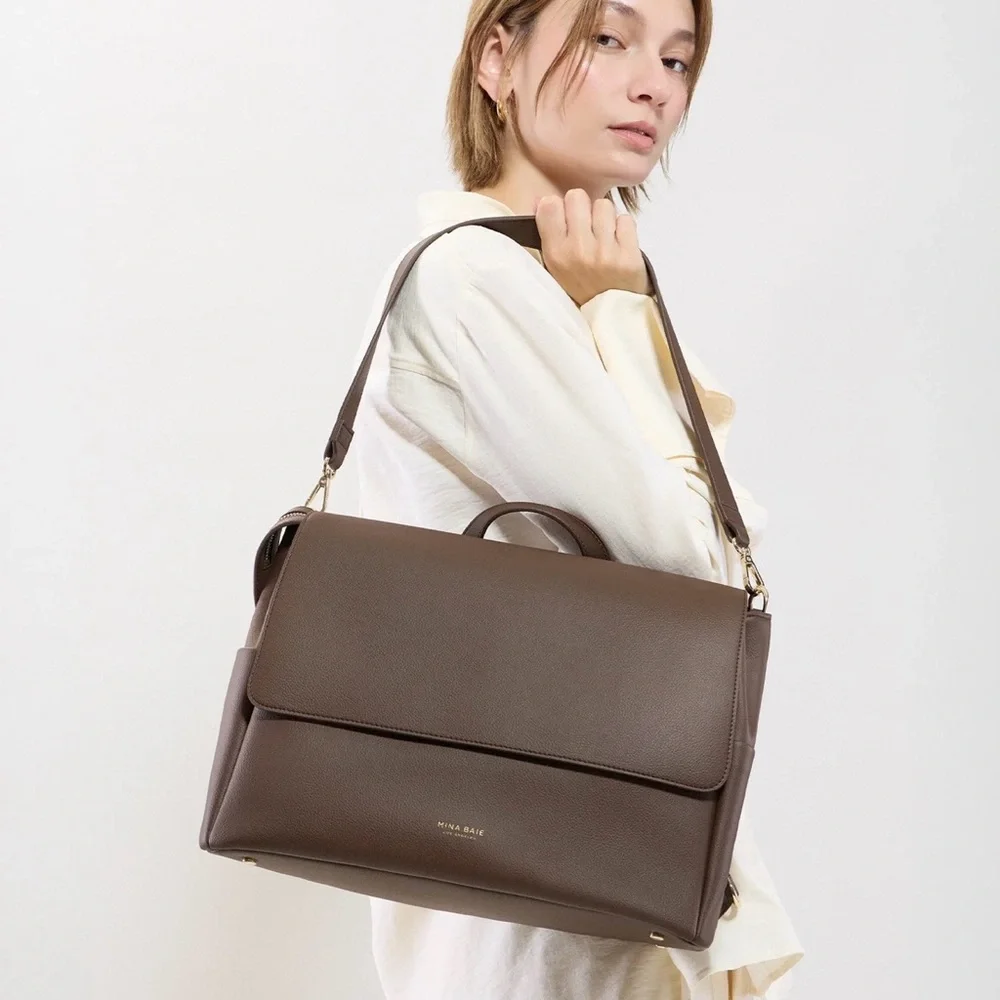 Mina Baie Chocolate Brown Leather Baby Bag Backpack